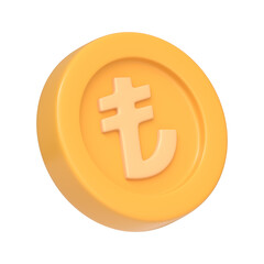 Yellow coin with the Turkish lira symbol, representing finance, economy, and monetary themes related to Turkey. 3D icon, sign and symbol. Side view. 3D render illustration