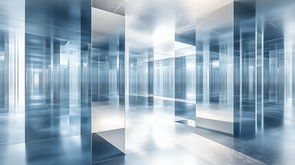 Fototapeta premium Abstract futuristic mirrored space with reflective glass walls and metallic surfaces