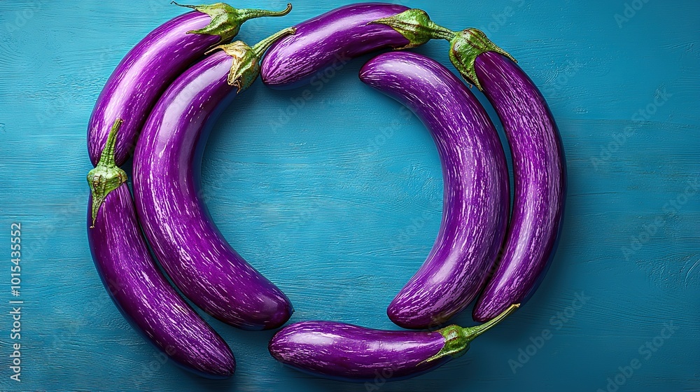 Wall mural   A circle of purple eggplants on a blue wooden surface with green stems