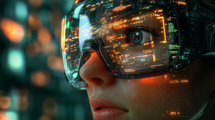 Close-up of a person wearing futuristic augmented reality glasses with digital data overlay