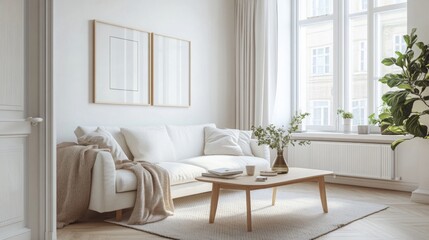 A stylish living room featuring a white sofa with cozy blankets, a wooden coffee table, and potted plants. Large windows allow ample natural light to fill the space, creating a warm atmosphere.