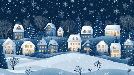 Naklejka premium White houses and fir trees stand out against a dark blue background in this winter scene. It is a fairy tale winter panorama. Seamless border. There is a winter village. Modern illustration.