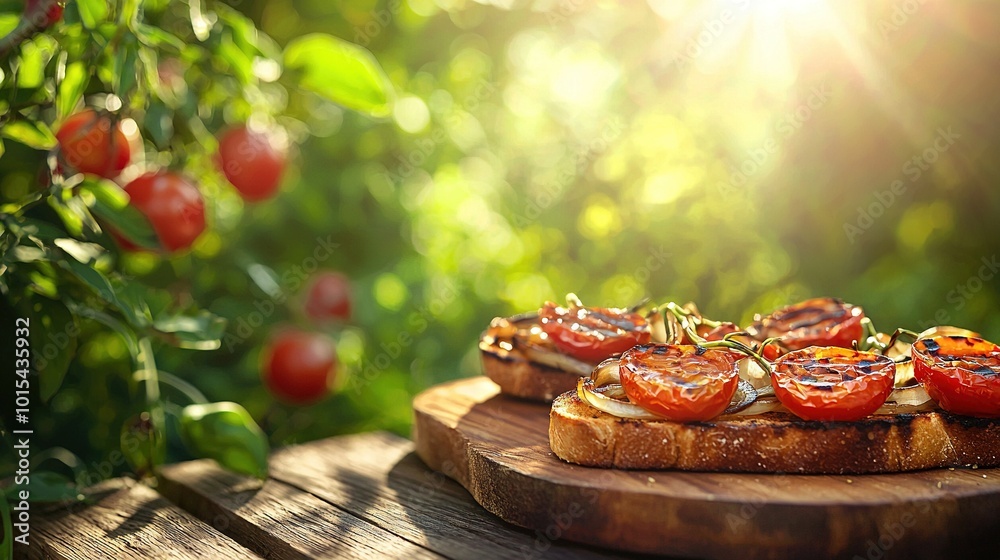 Sticker   Wooden cutting board, bread slices, tomato slices - wooden table, bush nearby