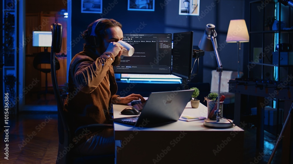 Poster programmer does multitasking to finish developing pc code, drinks coffee, listens music. it admin we