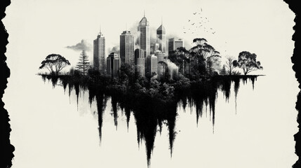 Fototapeta premium A city skyline disappearing into a black abyss, a haunting image of urban decay.