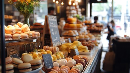 Fototapeta premium A French patisserie counter filled with beautifully arranged macarons and pastries. The bakery is quiet, with no customers present -