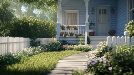 Obraz premium A front yard with a picket fence, a trimmed lawn, and potted plants on the porch. The scene is quiet and empty, with no people outside