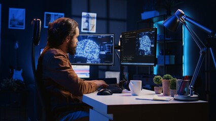Experienced developer uses computer to update artificial intelligence neural networks, writing code...