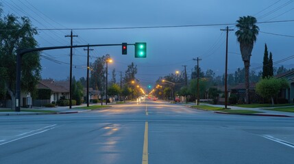 A green traffic light at a wide, empty intersection in a residential neighborhood, with no cars or pedestrians visible