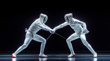 Dynamic duel: fencers engaged in intense sword fight on striking black background