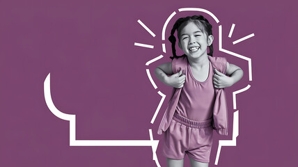 Smiling girl in pink, white outline, purple background, joyful child portrait, back to school concept. 
