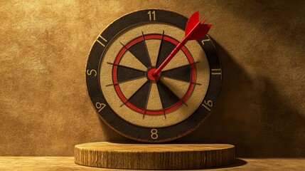 A large, modern 3D target icon with a red arrow piercing the center of a dartboard is isolated on a circular wooden block against a brown recycled paper background