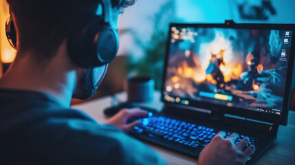 Young Gamer Engaged in E-Sport Betting on Laptop with Neon Lighting and Headset