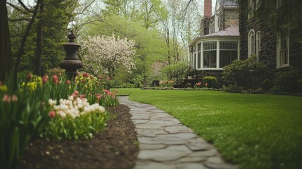 Obraz premium A serene front yard with a stone walkway, blooming flowers, and tall trees in the background. The yard is empty, with no people present