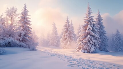 Winter Background with a Beautiful Snow Covered Trees. Enchanting Christmas Scene.