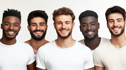 Group of diverse young men smiling in white t-shirts against neutral background