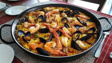 A traditional Spanish paella dish with seafood and saffron rice, served in a large pan. The table is empty, with no one around