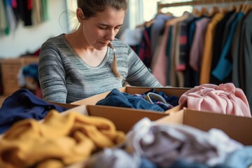 Woman sorting clothes, packing donation boxes for charity. Young adult organizes clothing items in cardboard box. Volunteer work, community support, altruism, charity, donation, second hand clothes.