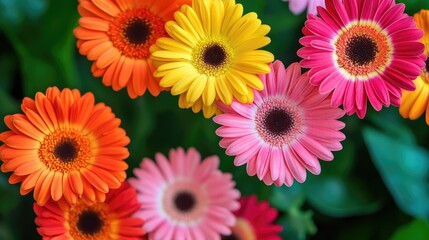 A vibrant cluster of multicolored gerbera daisies in full bloom, with bright orange, pink, yellow, and red petals, against a green garden background