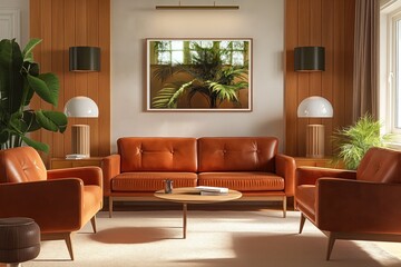 Fototapeta premium Modern living room interior design features gray carpet, wooden floor, large orange sofa, matching armchair, coffee table, round mirror, wooden bookshelf, plant adds plants. Large window on left wall