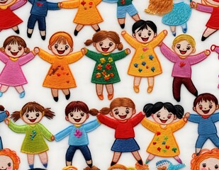 Group of cheerful children jumping joyfully while holding hands in a vibrant, colorful setting