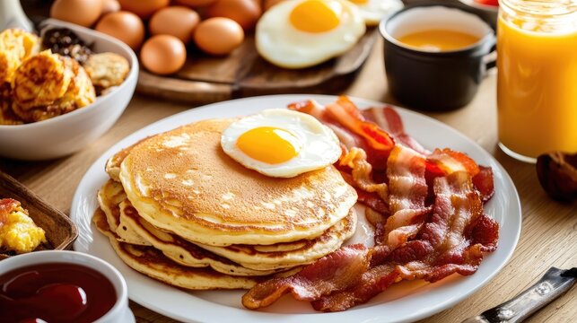 A Western-style breakfast spread featuring pancakes, bacon, and eggs on a rustic wooden table. The scene is empty, with no one enjoying the meal