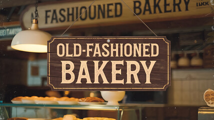 Vintage wooden sign with brown and yellow colors, hanging above a bakery window, evokes nostalgia and a sense of tradition. 

