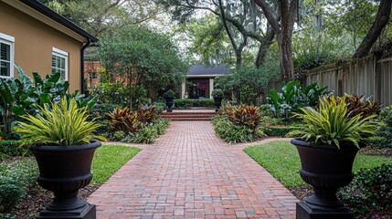 An empty front yard with a brick path leading to the front porch, potted plants on either side, and a quiet atmosphere. No one is present