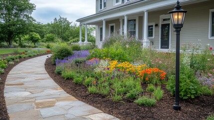 Fototapeta premium An empty front yard with an old-fashioned lamp post, a stone pathway, and colorful flowers growing along the porch