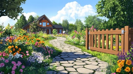 Fototapeta premium An empty front yard with a wooden gate, colorful garden flowers, and a stone pathway leading to the house under a clear sky