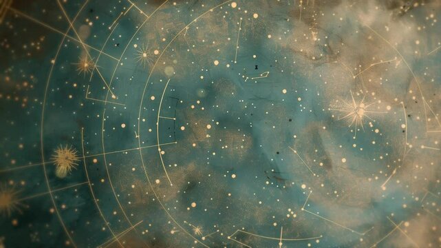 Ancient illustration of astrological background with golden star map on turquoise blue background, on textured paper of an old medieval codex. Beautiful mystical abstract graphic resource