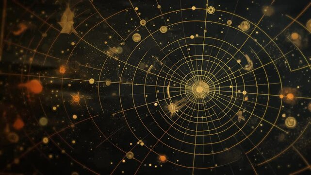 Cosmic symbols with star map of the universe, drawn on an ancient medieval codex with golden celestial bodies on black background, and dust particles around. Magical study of astrology and alchemy.