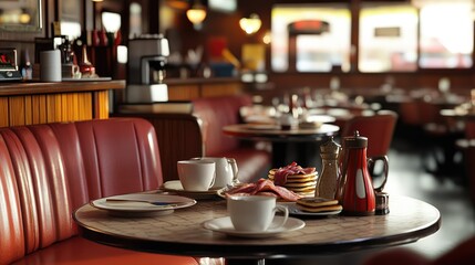 An empty Western diner with a table set for breakfast, featuring pancakes, bacon, and coffee. The restaurant is peaceful, with no people present
