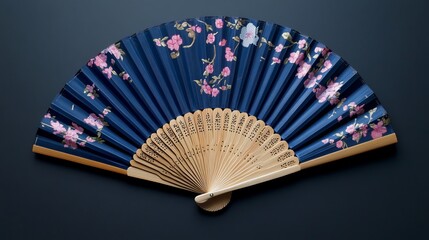 An image of a bamboo folding hand fan is shown. The fan features blue cloth with a floral design. 