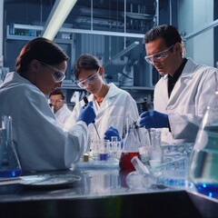 Fototapeta premium Four scientists in lab coats examine test tubes in a laboratory. Equipment, chemicals, and glassware surround them. Researchers work together in a scientific setting.