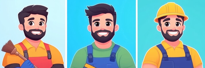 Three cartoon illustrations of a man in different work uniforms, all smiling with a friendly expression.