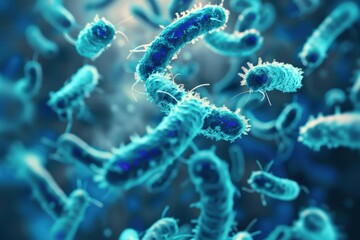 Fototapeta premium A close up of a bunch of blue bacteria, generative ai image
