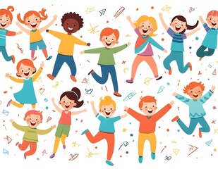 Group of cheerful children jumping joyfully while holding hands in a vibrant, colorful setting