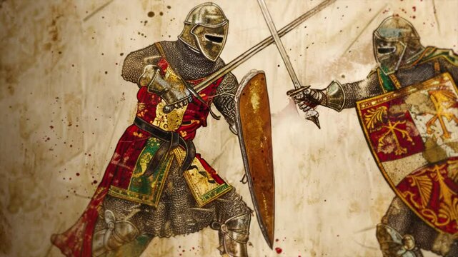 Ancient scroll depicting two medieval warriors battling with swords, helmets, shields, and armor. Illustrated manuscript of Crusaders' history on old textured paper.