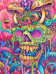 Abstract skull with dripping paint and mushrooms.