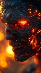 Fierce fire demon engulfed in flames with glowing eyes in dark realm