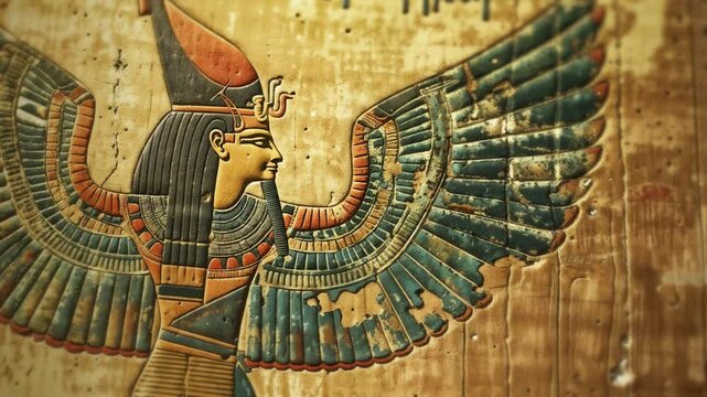 Egyptian winged goddess carving on papyrus. Intricate hieroglyphs surround colorful figure. Ancient art with vibrant blues and golds. Detailed feathers and ornate headdress. Historical background