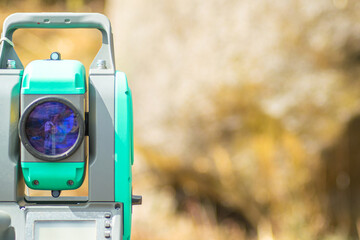 partial view of a Total station, Survey Instrument geodetic device. Construction and engineering topographical tool