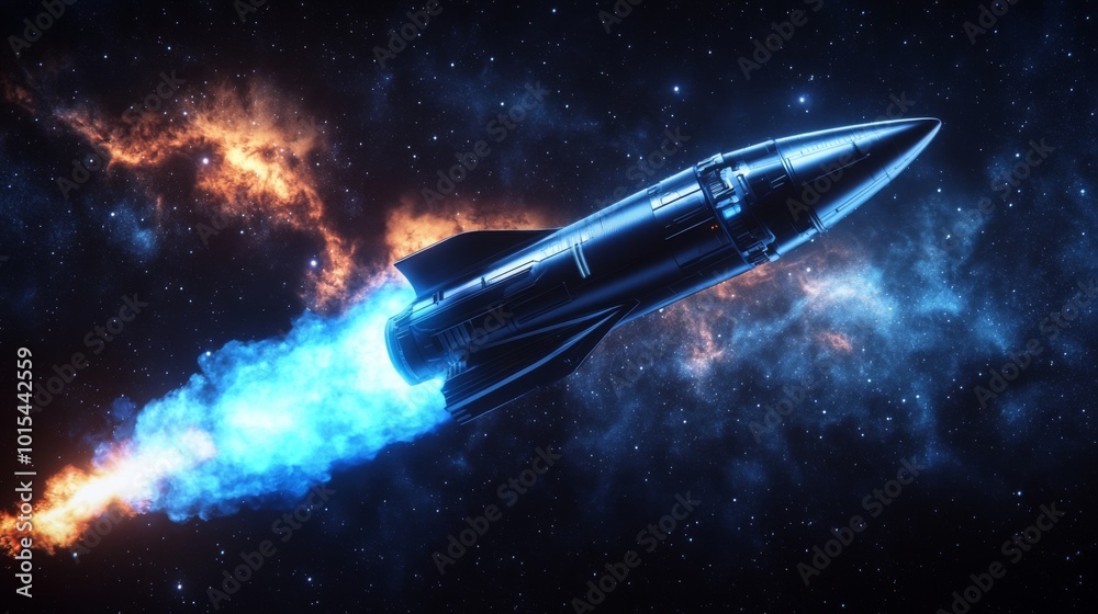 Poster A powerful rocket ascends through the dark void of space, illuminated by a glowing blue exhaust. Stars and cosmic clouds create a stunning backdrop for this thrilling launch into the unknown.