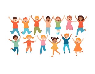 Group of cheerful children jumping joyfully while holding hands in a vibrant, colorful setting