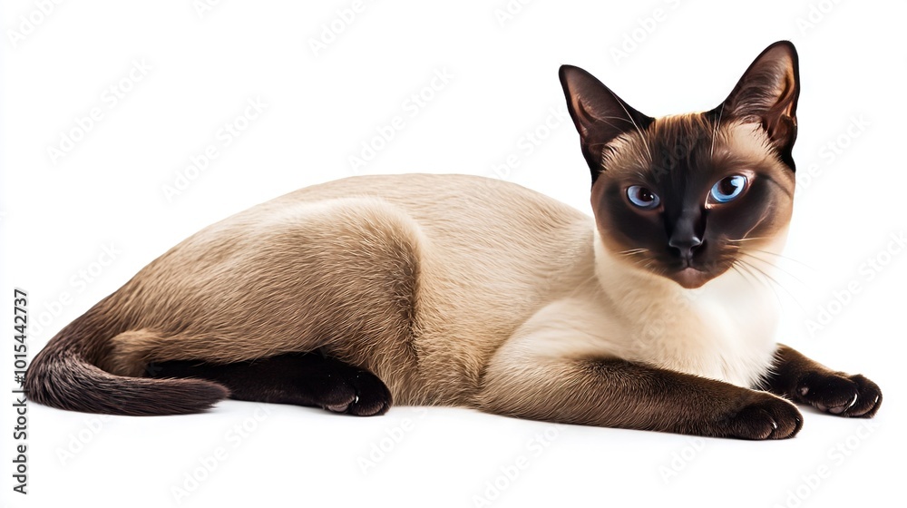 Wall mural   Siamese cat with blue eyes lounging on white background, curious expression