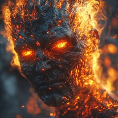Fierce fire demon engulfed in flames with glowing eyes in dark realm