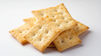 Fototapeta premium Dull, square soda crackers rest upon a white backdrop, isolated in sharp detail. Their diagonal arrangement enhances their geometric form, accentuating their crisp and dry texture. These crackers