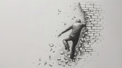 A detailed pencil sketch of a man pushing through a collapsing brick wall, capturing the moment of escape. The illustration conveys struggle, determination, and the act of breaking free from