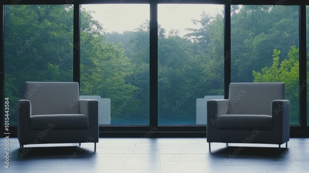 Wall mural two modern armchairs facing each other in a room with a large window overlooking a lush green forest